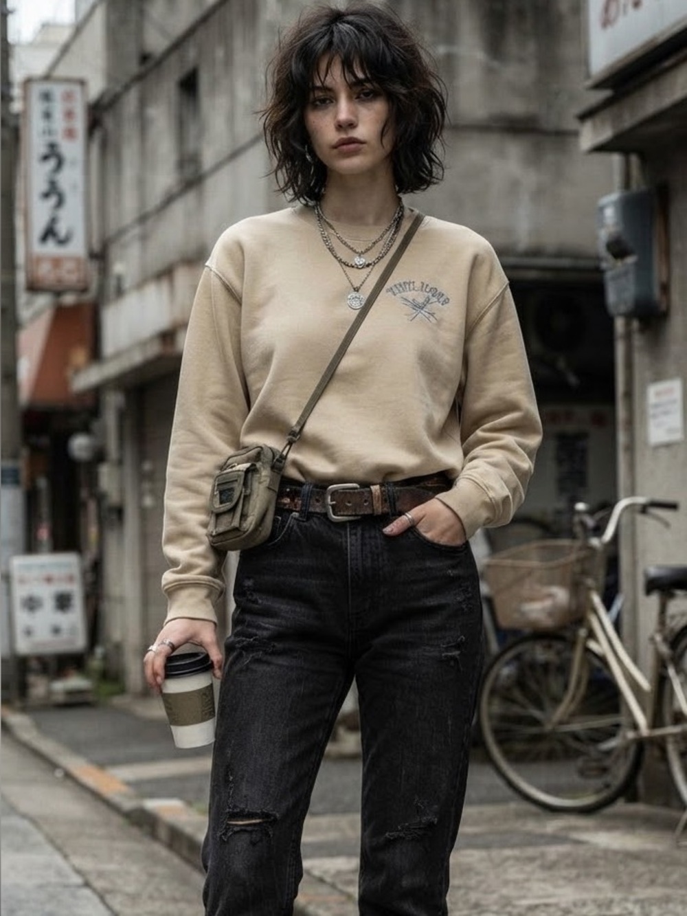 Vinyl Icons Sweatshirt Women's XS Beige Ski Japan Streetwear Gorpcore Grunge